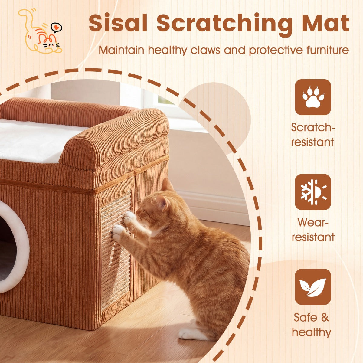 LIVSK Indoor Kattenhuis - Opvouwbaar en Draagbaar - Geïntegreerde Krabmat - Comfortabel Pluche Kussen - Bruin/Grijs