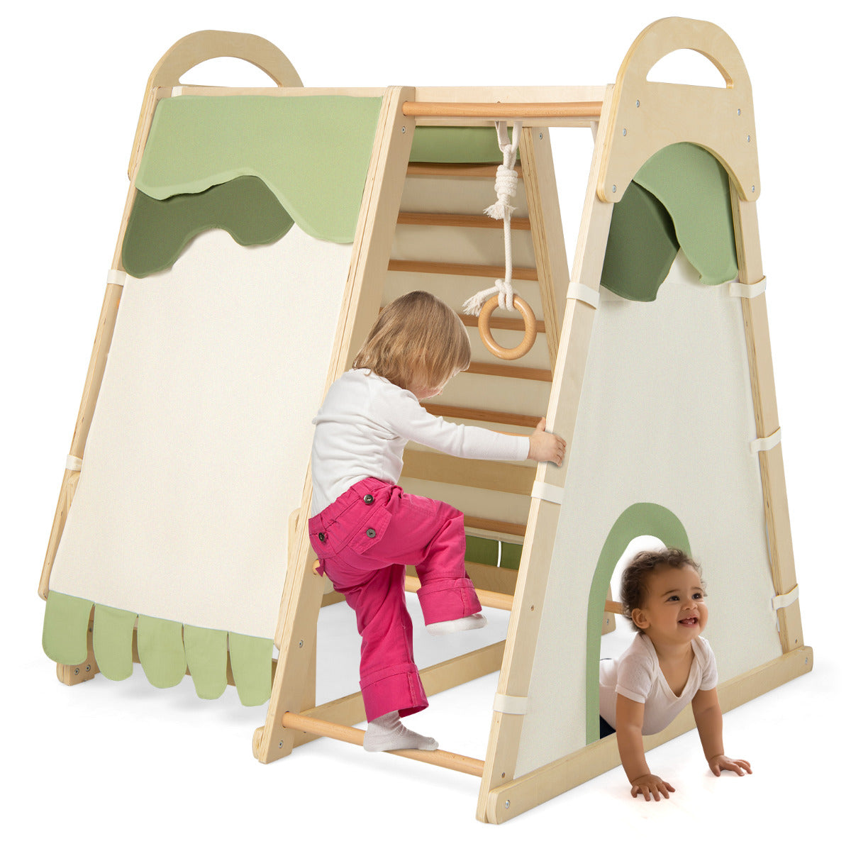 LIVSK Indoor Klimrek - 6-in-1 Speelset - Houten Constructie - Tent Inclusief - Geschikt voor Kinderen Vanaf 3 Jaar - Natuur