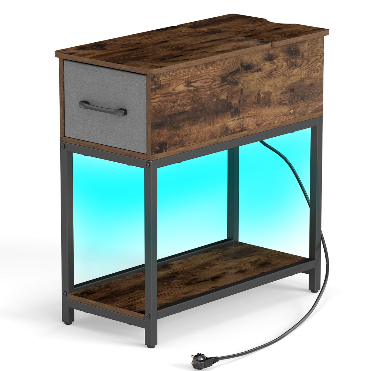 LIVSK Industriële Bijzettafel met Oplaadstation - LEDverlichting - Stof Beklede Lades - Open Planken - Zwart