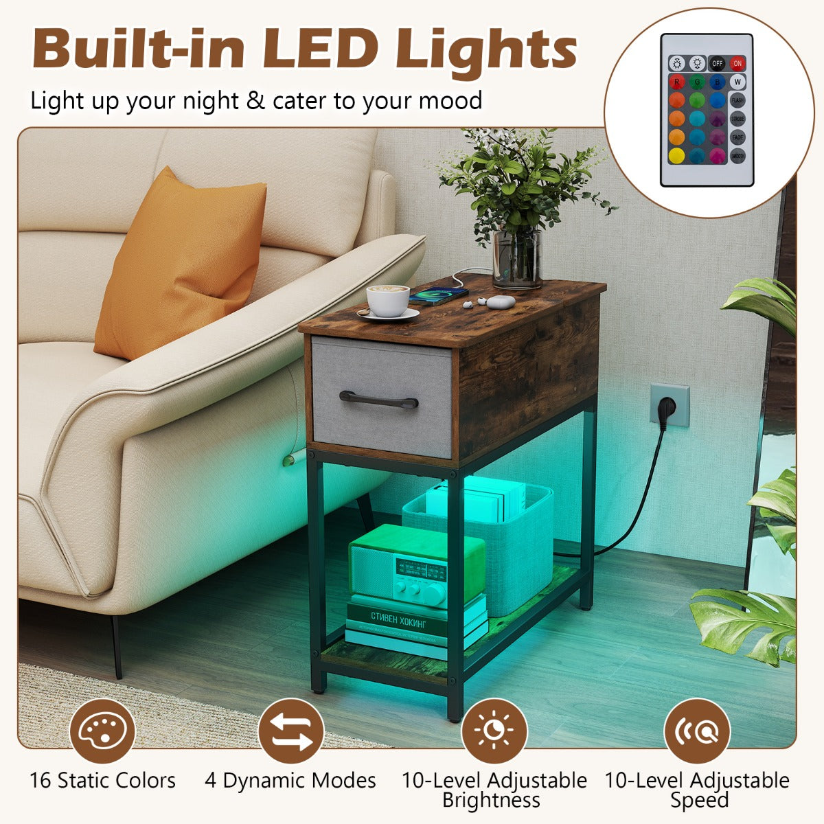 LIVSK Industriële Bijzettafel met Oplaadstation - LEDverlichting - Stof Beklede Lades - Open Planken - Zwart