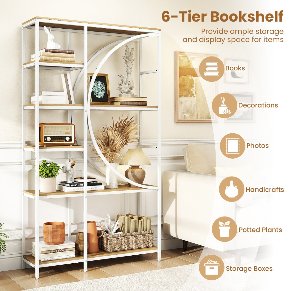 LIVSK Industriële Boekenkast met Verticale Planken - Open Planken - Metalen Frame - Set van 2 - 6-laags - Naturel