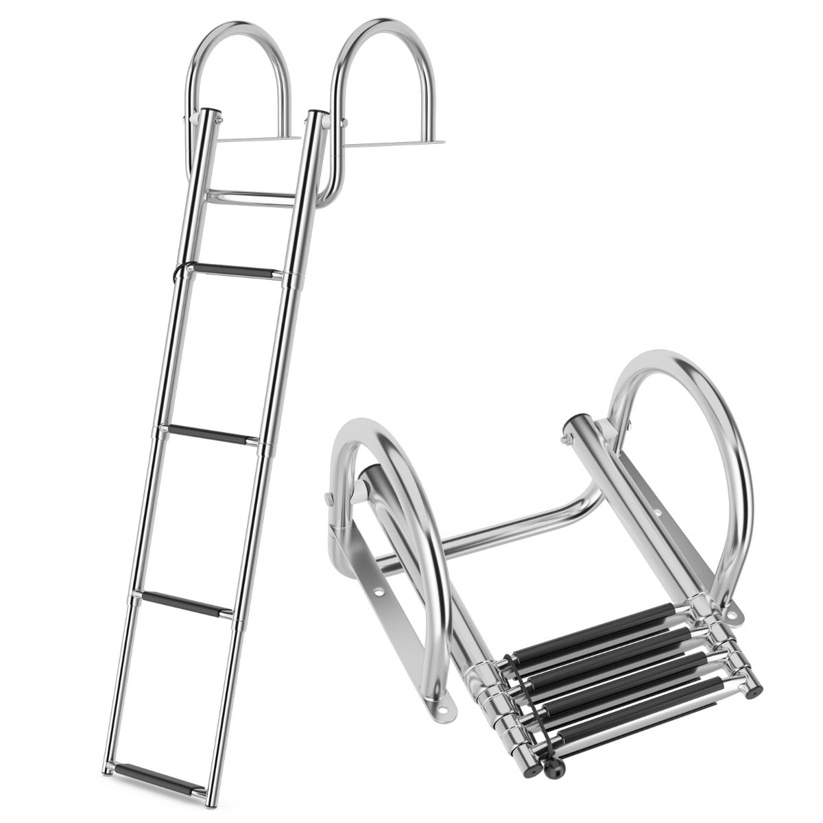 LIVSK Inklapbare Zwembadladder - Roestvrij Staal - Antislip Treden - Ergonomische Leuningen - Voor Jachten en Pontons - Zilver