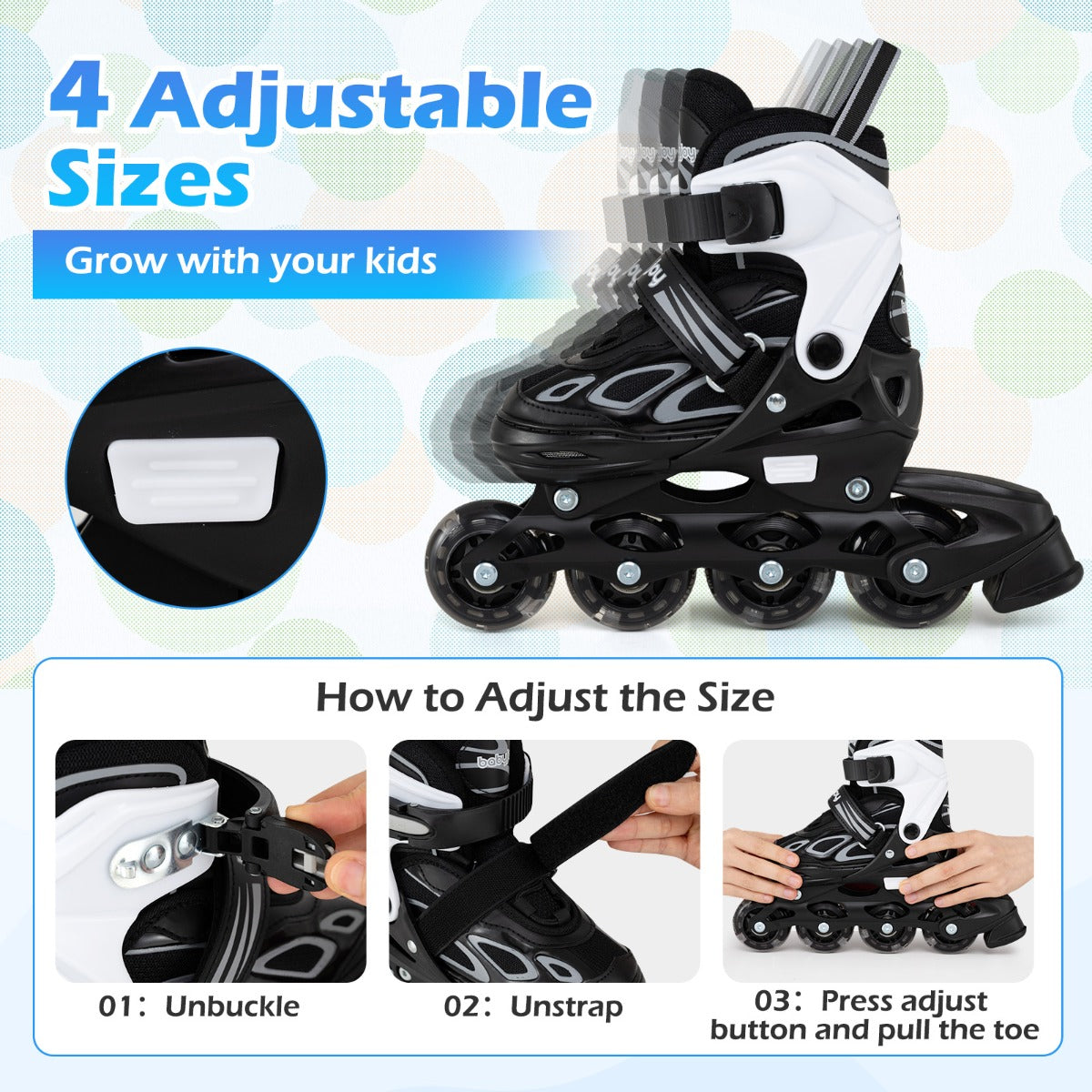 LIVSK Inline Skates voor Kinderen - Verstelbaar in 4 Maten - LED Verlichte Wielen - Ademend en Gewatteerd - Wit & Zwart