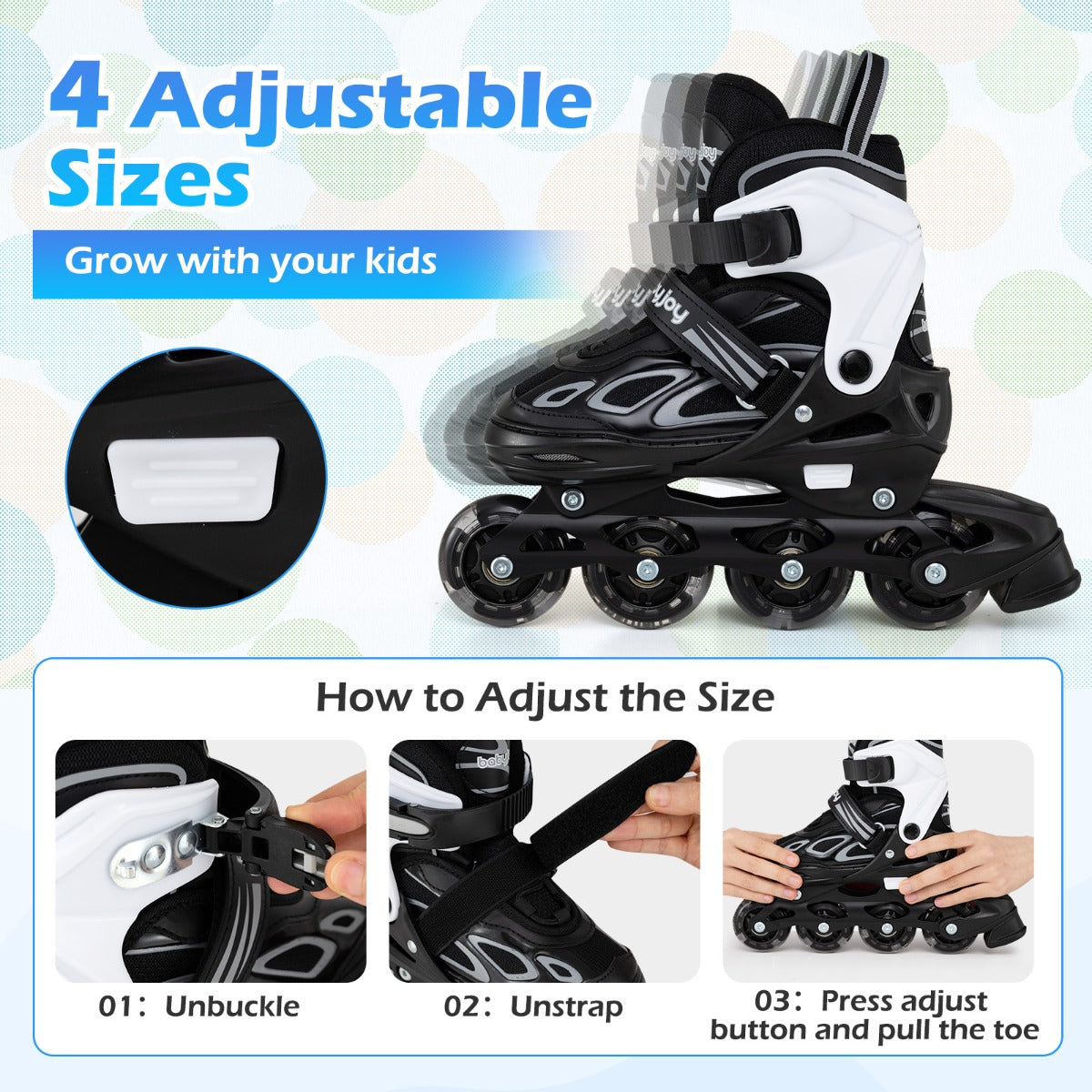 LIVSK Inline Skates voor Kinderen - Verstelbaar in 4 Maten - LED Verlichte Wielen - Ademend Materiaal - Wit & Zwart