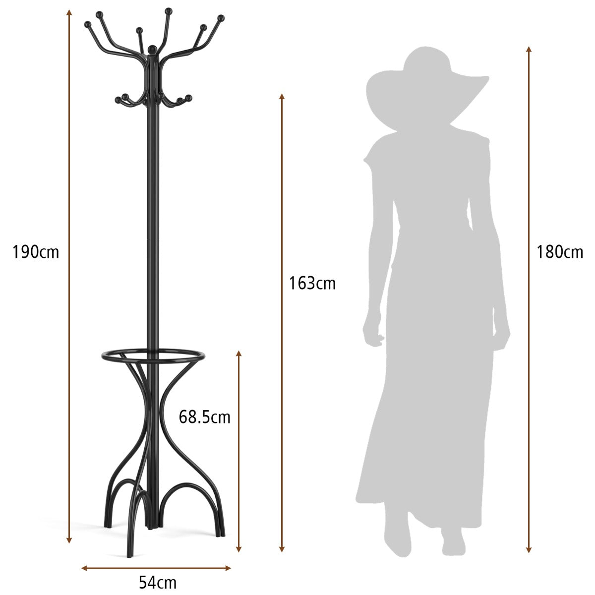LIVSK Kapstok 190 cm - 12 Haken - Geïntegreerde Parasolstandaard - Ruimtebesparend - Zwart