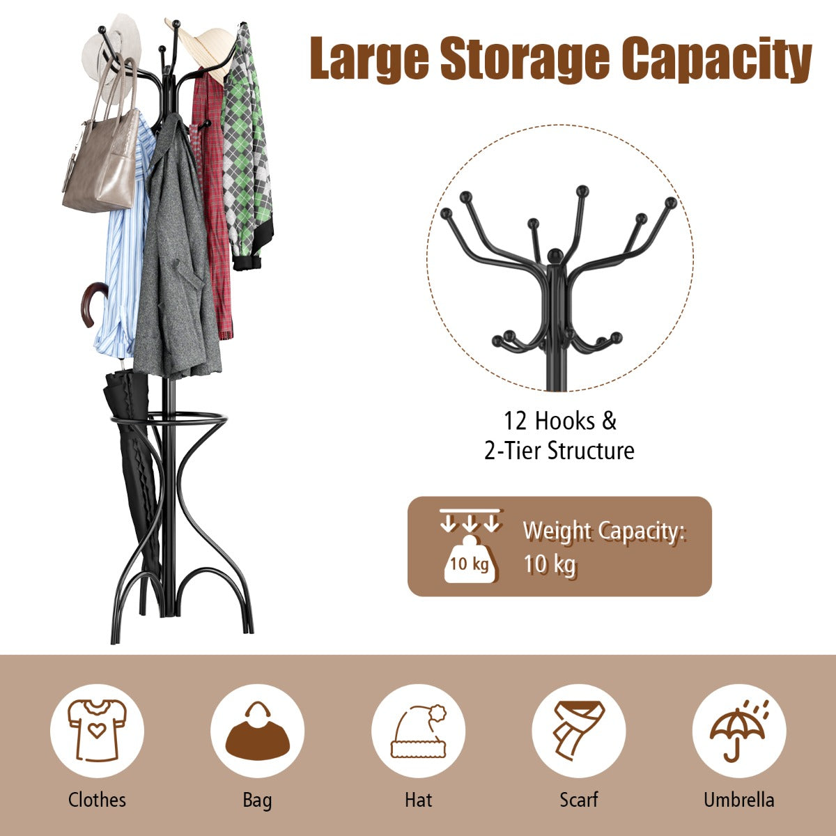 LIVSK Kapstok 190 cm - 12 Haken - Roestvrij Staal - Antislipvoetjes - Ruimtebesparend Design - Zwart