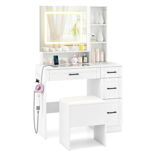LIVSK Kaptafel met Spiegel - Verstelbare LED Verlichting - Geïntegreerd Oplaadstation - Grote Opbergruimte - Wit