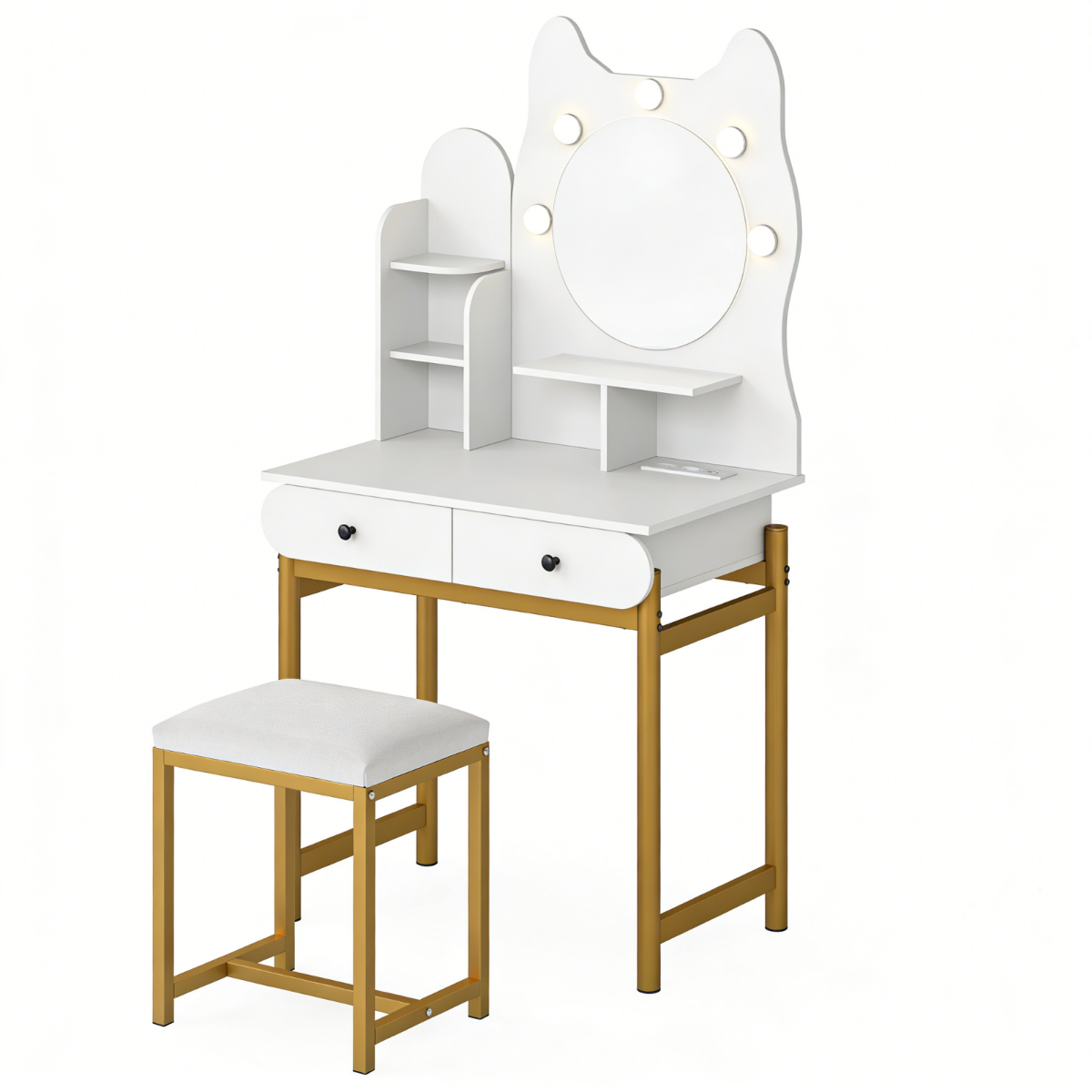 LIVSK Kaptafel met Verlichte Spiegel - 3 Oplaadmogelijkheden - 2 Lades en 3 Planken - Stevige Metalen Poten - Wit + Goud