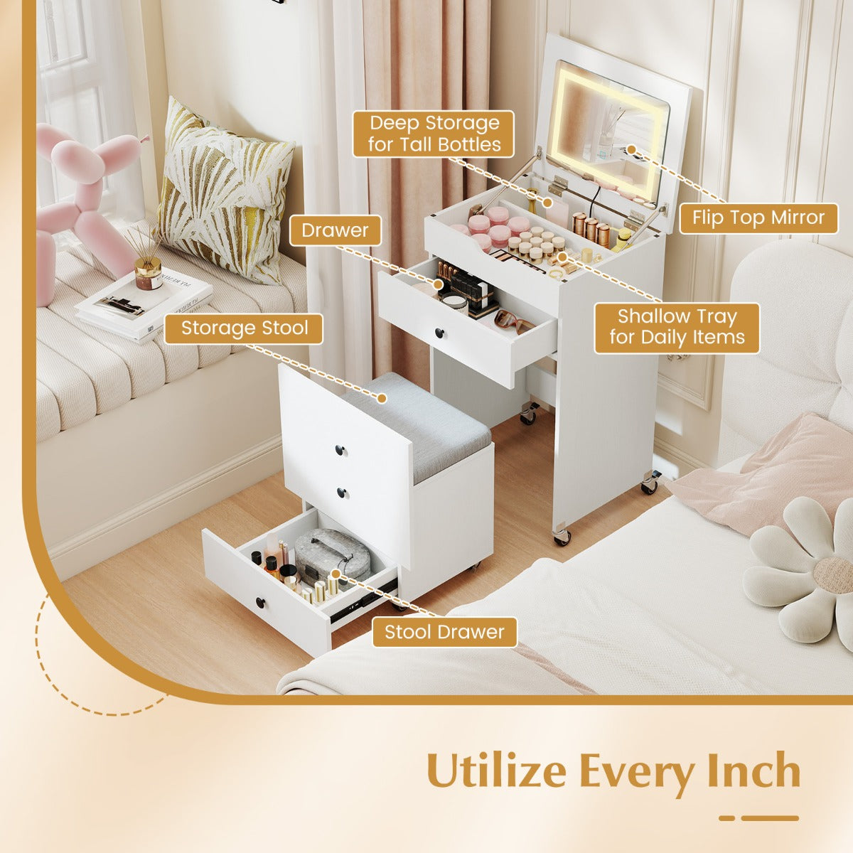 LIVSK Kaptafel voor Kleine Ruimtes - 3-in-1 - Lades - Beklede Kruk - Wit