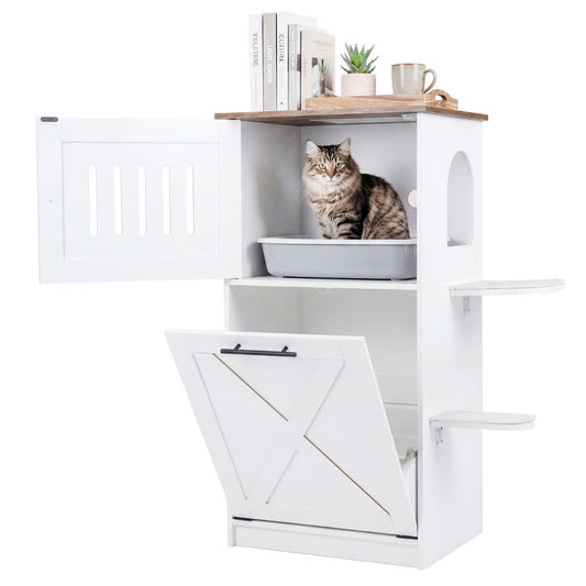 LIVSK Kattenbakkast - Modern Industrieel Design - Verstelbaar Opbergvak - Activiteitencentrum - Voor Katten tot 52 x 40 cm - Wit