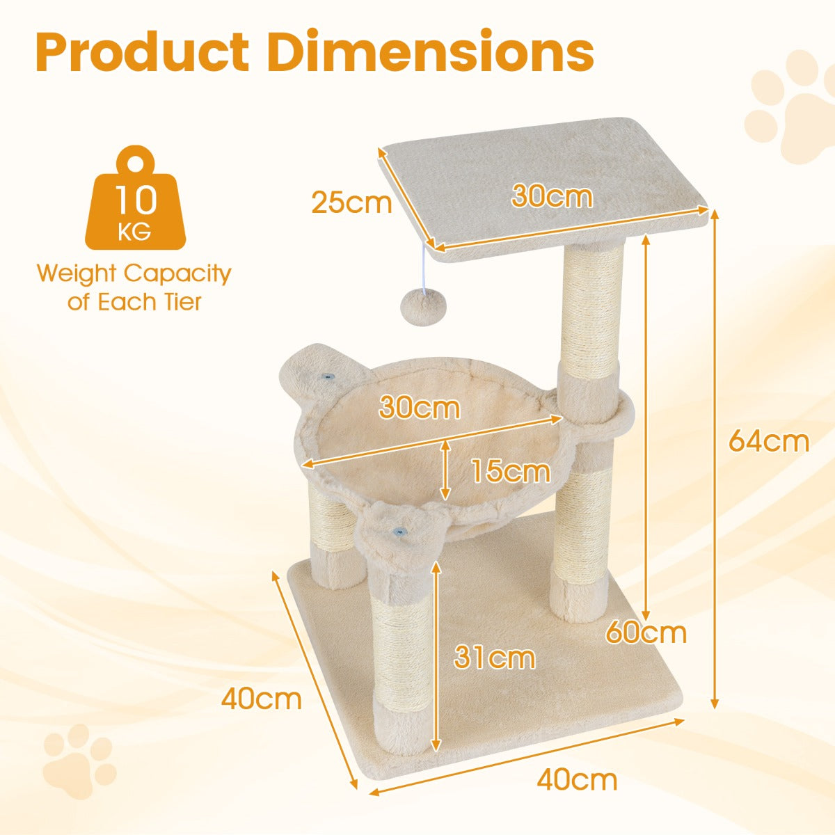 LIVSK Kattenboom 64 cm - Meerdere Niveaus - Uitkijkplatform & Hangmat - Natuurlijke Sisal Krabpalen - Beige