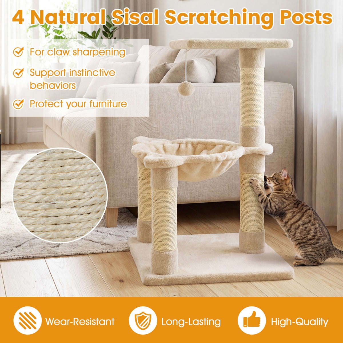 LIVSK Kattenboom 64 cm - Meerdere Niveaus - Uitkijkplatform & Hangmat - Natuurlijke Sisal Krabpalen - Beige