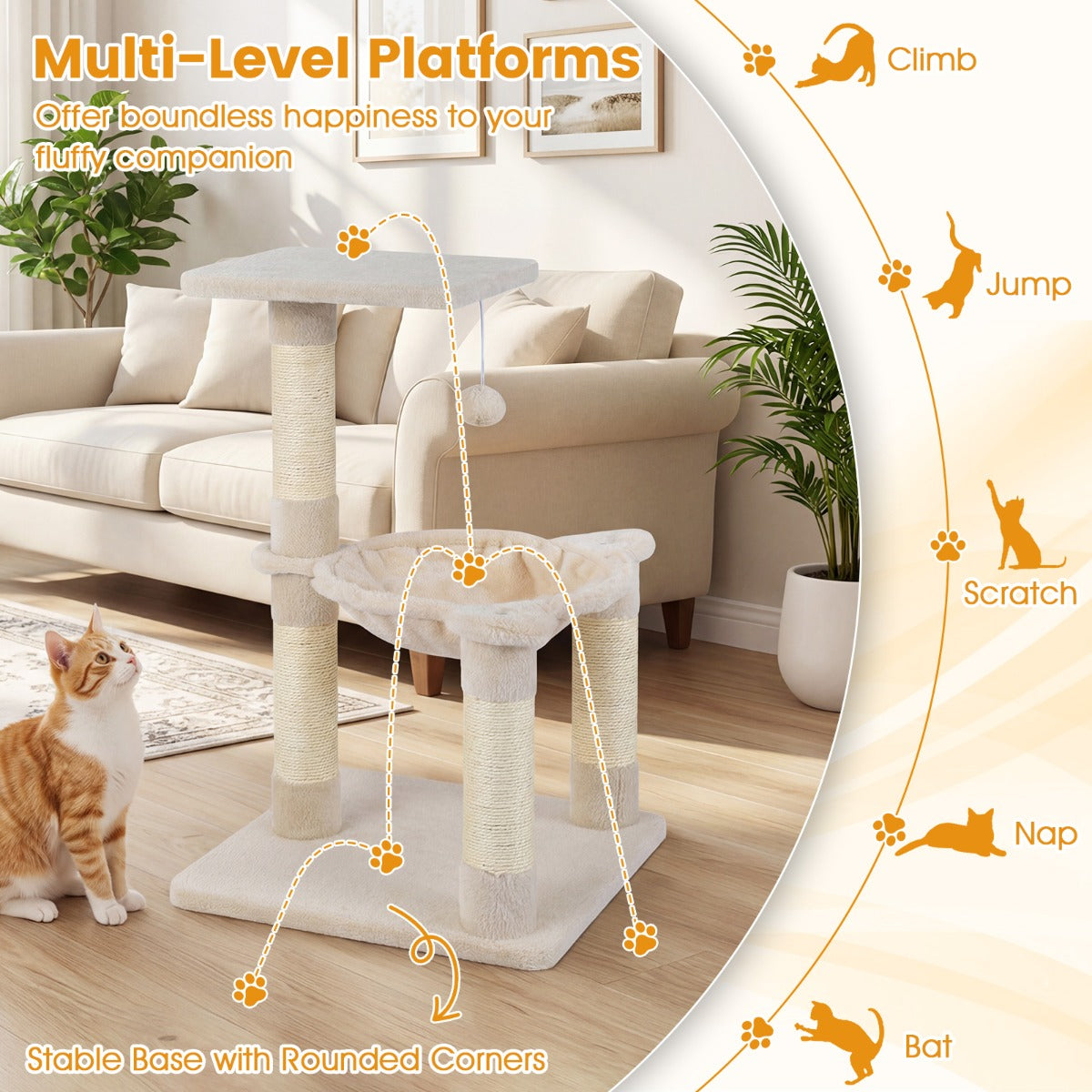 LIVSK Kattenboom 64 cm - Meerdere Niveaus - Uitkijkplatform & Hangmat - Natuurlijke Sisal Krabpalen - Beige