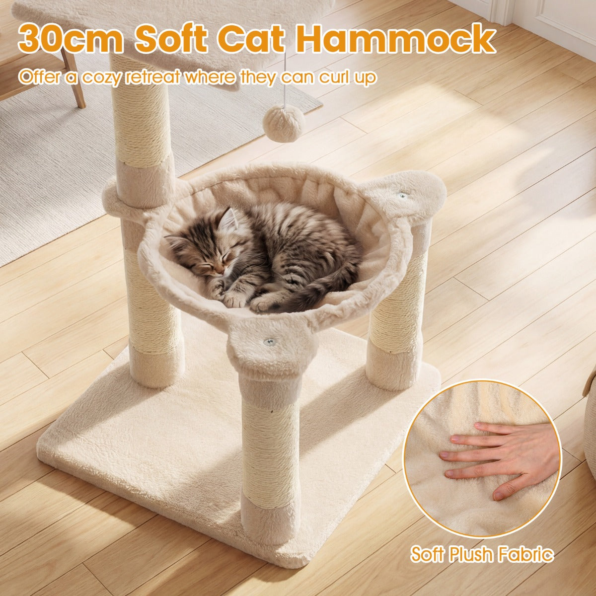 LIVSK Kattenboom 64 cm - Meerdere Niveaus - Uitkijkplatform & Hangmat - Natuurlijke Sisal Krabpalen - Beige