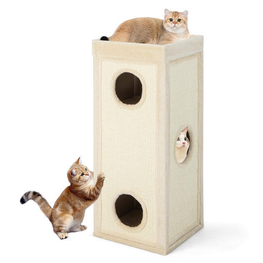LIVSK Kattenhuis - 4 Verdiepingen - 3 Appartementen - Krabplanken - Afneembare Pluche Kussens - Naturel