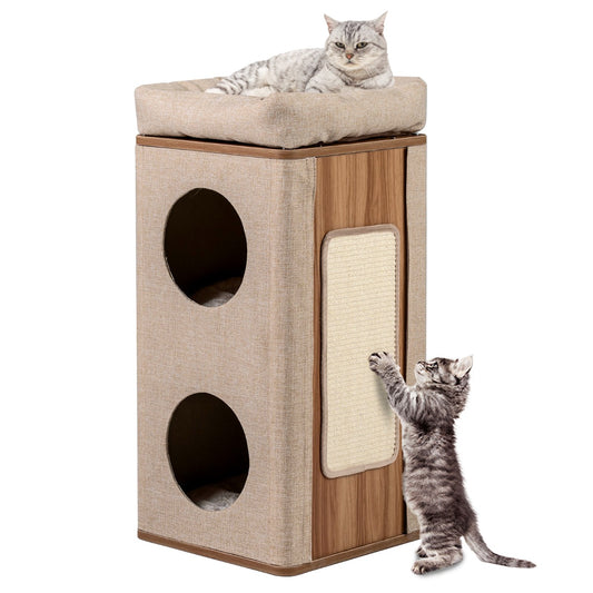 LIVSK Kattenhuis met 3 Verdiepingen - Duurzaam MDF - Inclusief Krabpaal - Eenvoudige Montage - Naturel + Beige