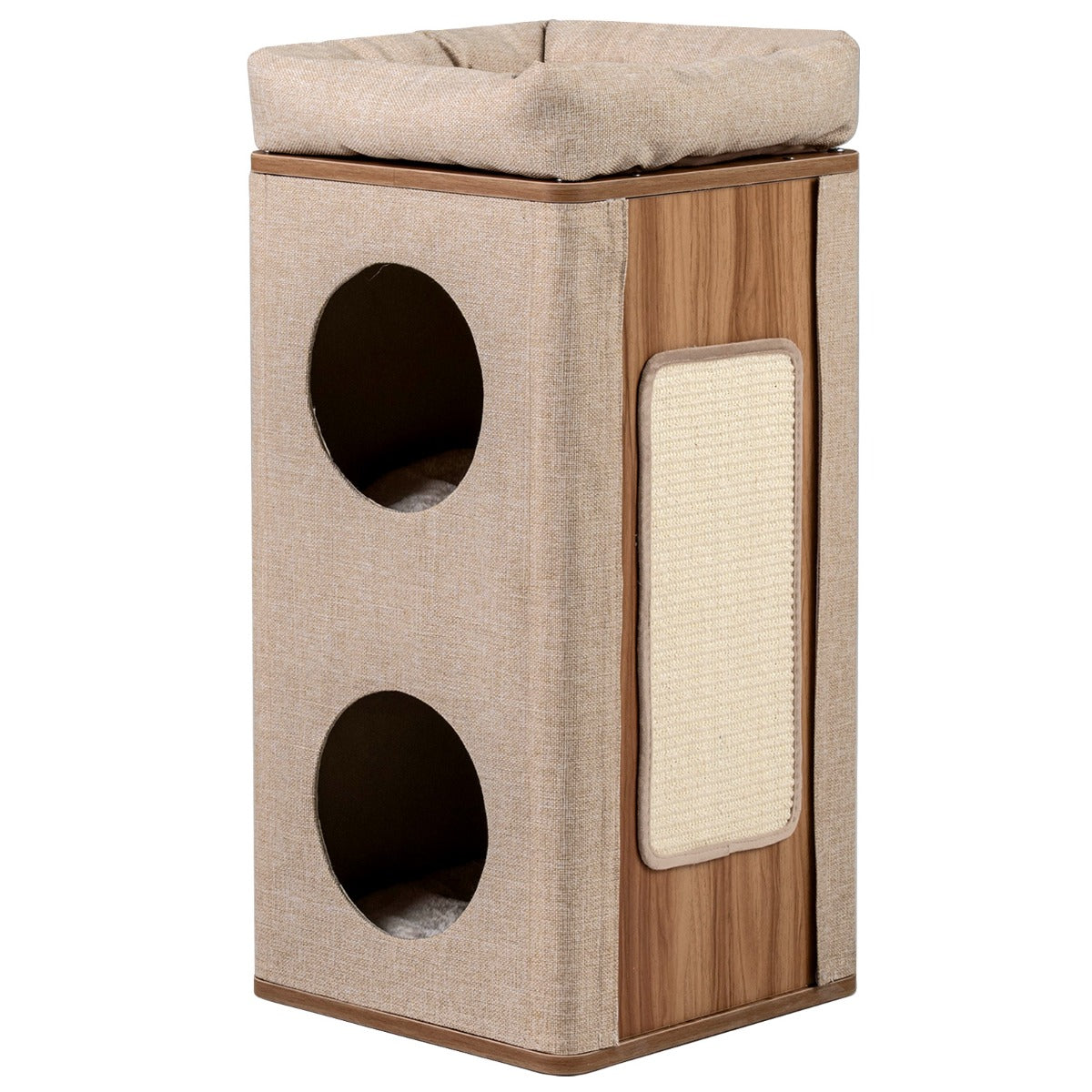 LIVSK Kattenhuis met 3 Verdiepingen - Duurzaam MDF - Inclusief Krabpaal - Eenvoudige Montage - Naturel + Beige