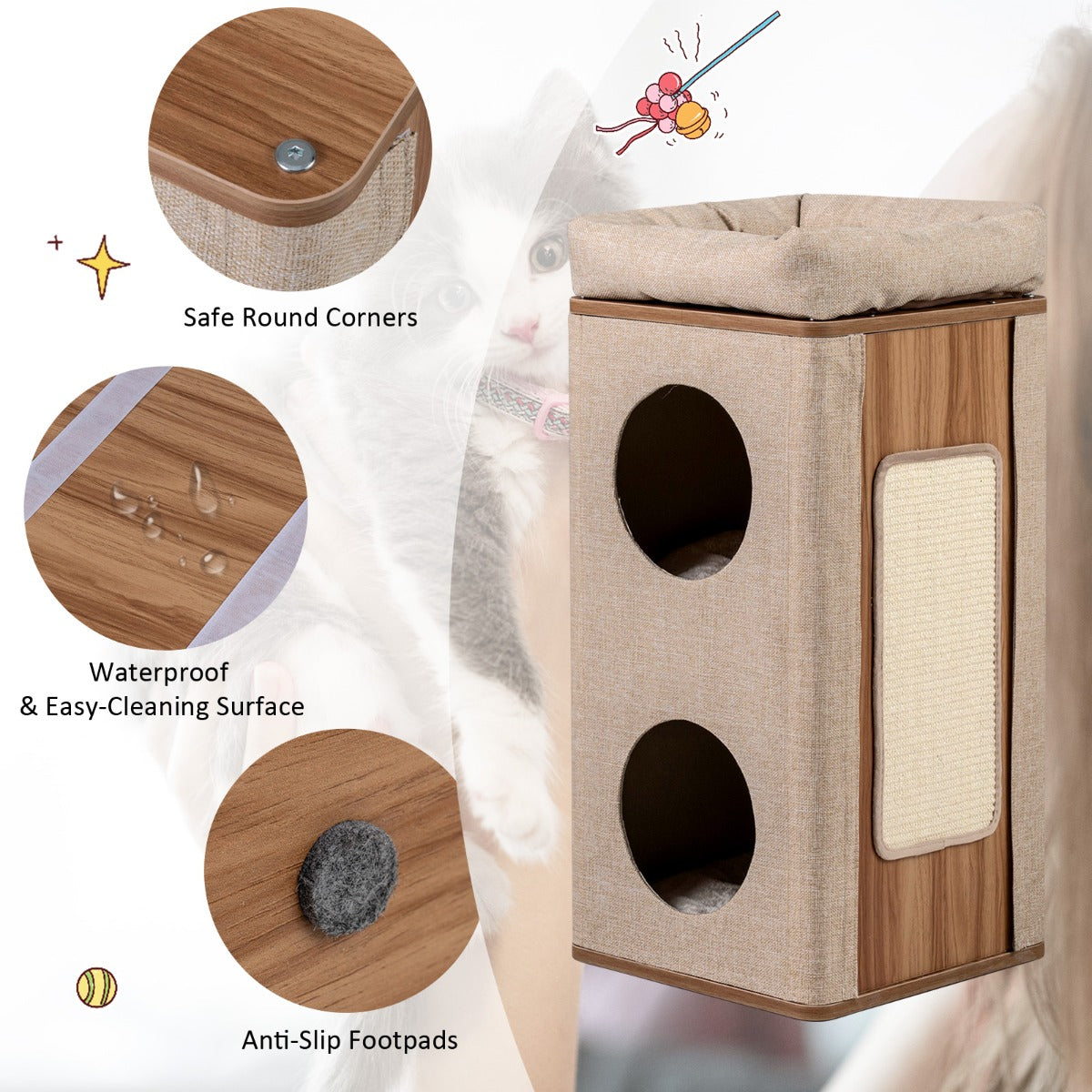 LIVSK Kattenhuis met 3 Verdiepingen - Duurzaam MDF - Inclusief Krabpaal - Eenvoudige Montage - Naturel + Beige