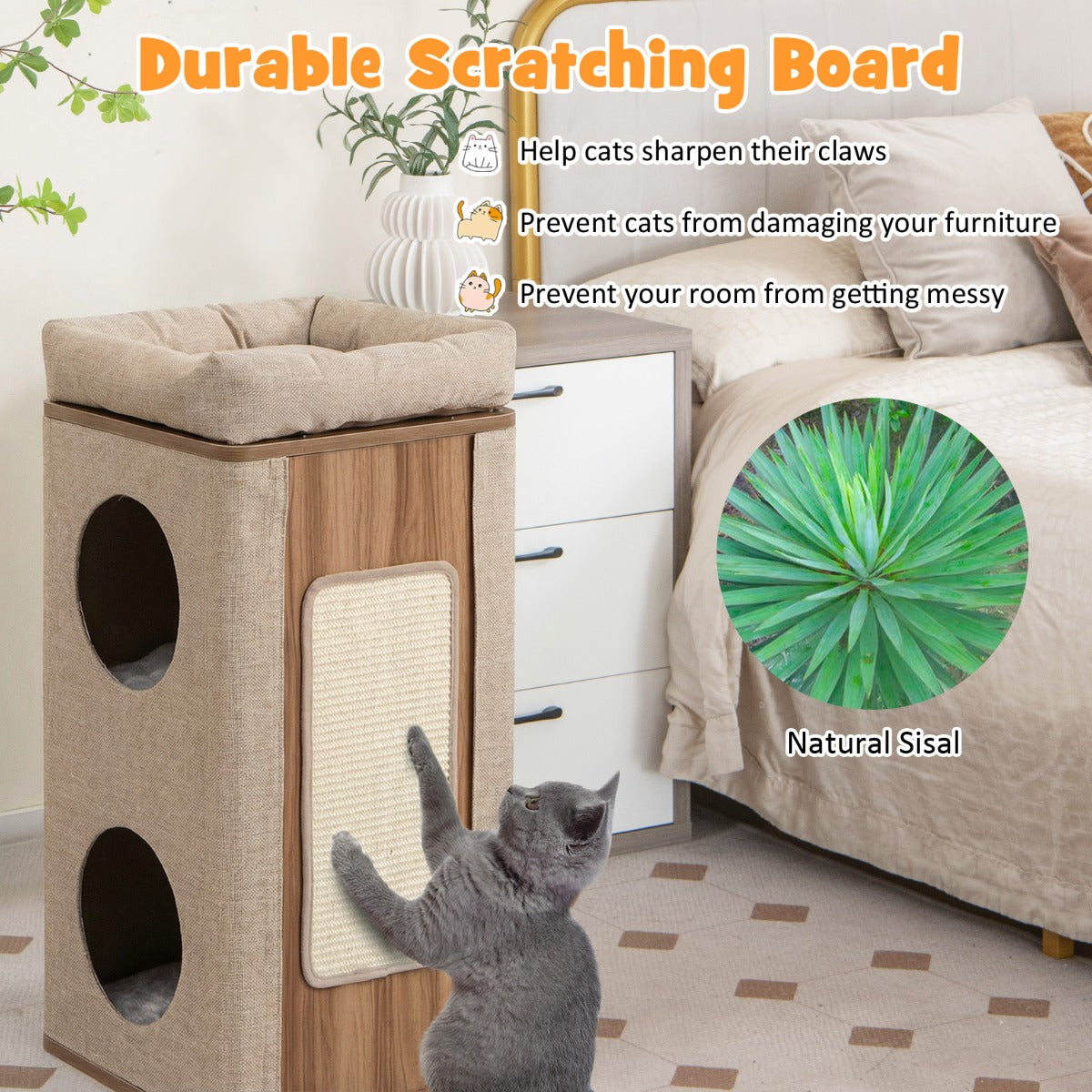 LIVSK Kattenhuis met 3 Verdiepingen - Duurzaam MDF - Inclusief Krabpaal - Eenvoudige Montage - Naturel + Beige