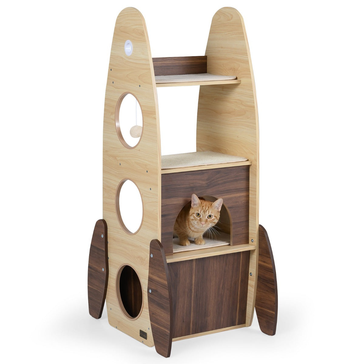 LIVSK Kattentoren met Raketontwerp - 4 Verdiepingen - Krabmat en Hangende Bal - Stabiele Constructie - 42,5 x 40 x 120 cm -