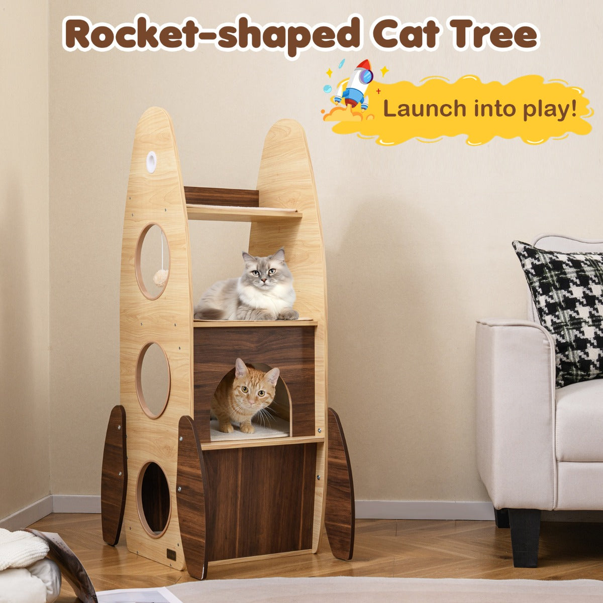 LIVSK Kattentoren met Raketontwerp - 4 Verdiepingen - Krabmat en Hangende Bal - Stabiele Constructie - 42,5 x 40 x 120 cm -