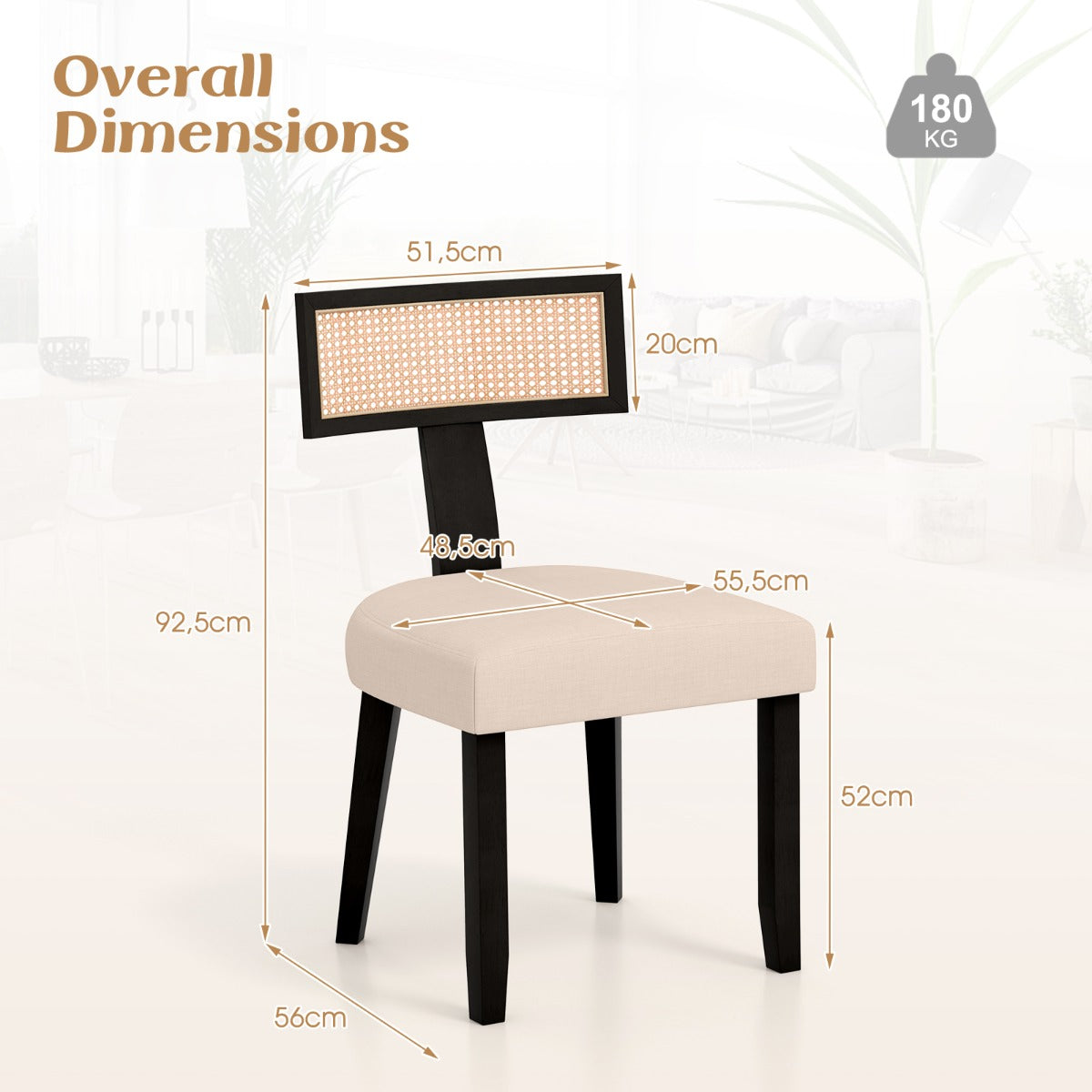 LIVSK Keukenstoel - Massief Hout en Handgeweven Rotan - Ergonomische Zitting - Draagvermogen 180 kg - Beige + Naturel