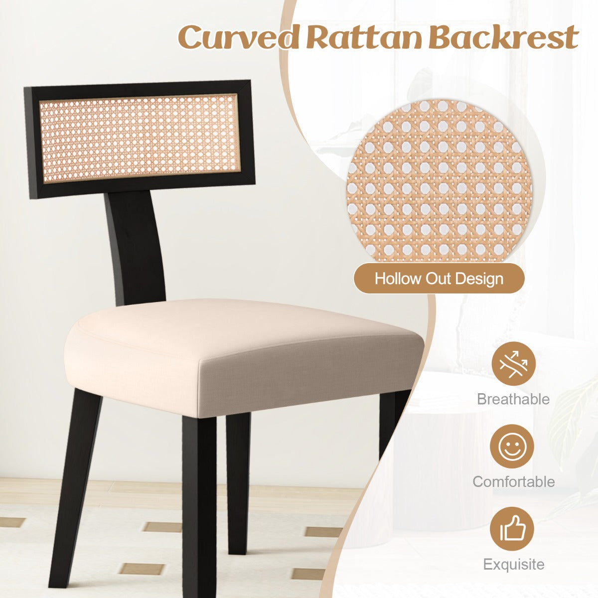 LIVSK Keukenstoel - Massief Hout en Handgeweven Rotan - Ergonomische Zitting - Draagvermogen 180 kg - Beige + Naturel
