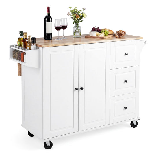 LIVSK Keukentrolley - Uitklapbaar Werkblad - 3 Lades en Kast - Verstelbare Planken - Gemakkelijk te Verplaatsen - Wit + Naturel