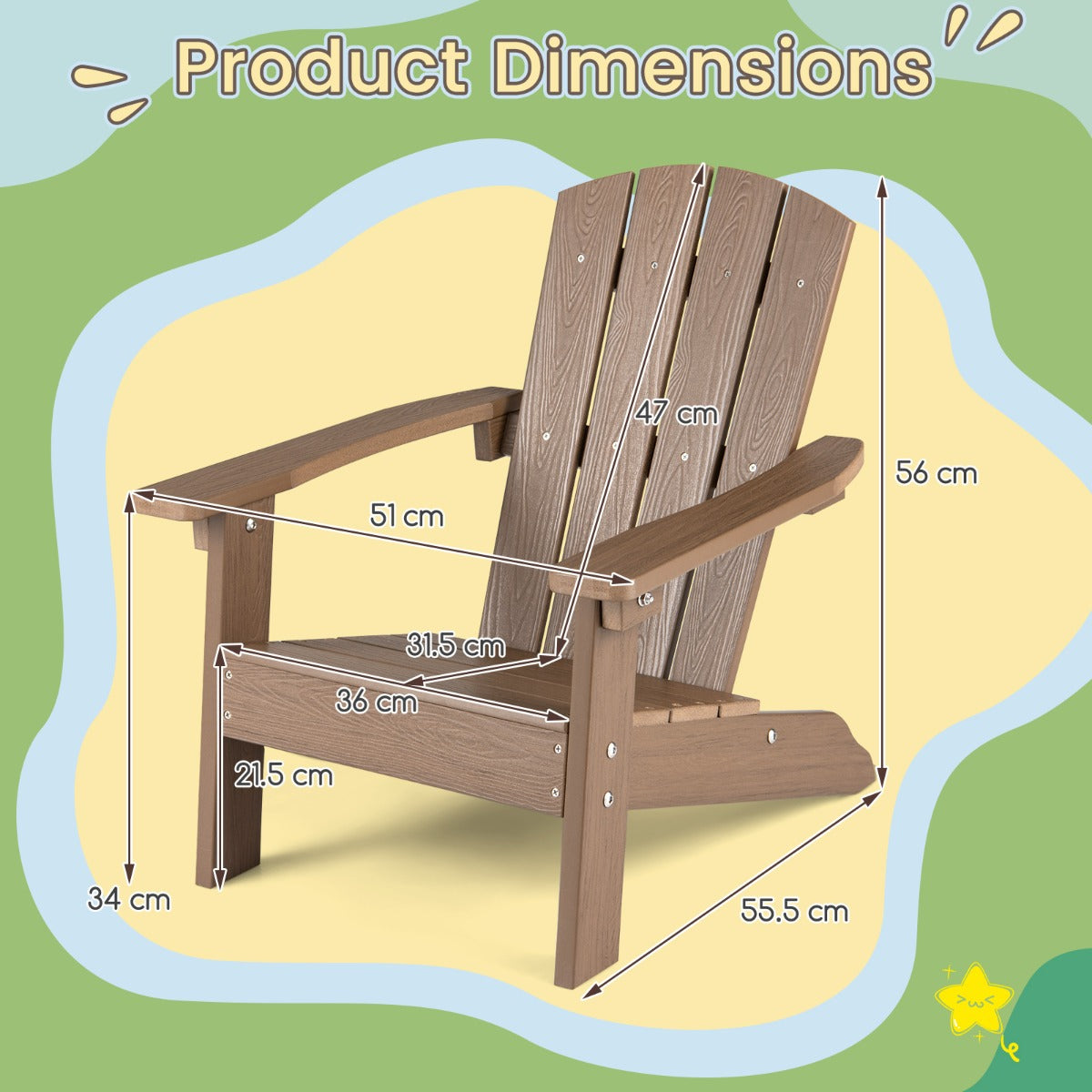 LIVSK Kinder-Adirondack-stoel - HIPS-kunststof - Ergonomische Rugleuning - Voor Binnen en Buiten - 51 x 55,5 x 56 cm - Bruin