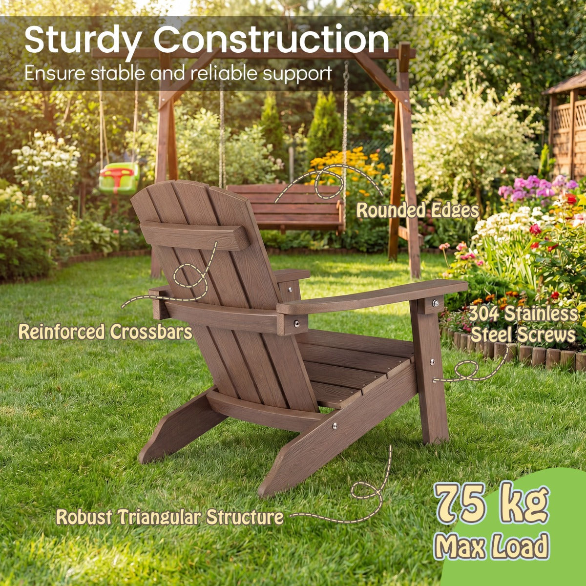 LIVSK Kinder-Adirondack-stoel - HIPS-kunststof - Ergonomische Rugleuning - Voor Binnen en Buiten - 51 x 55,5 x 56 cm - Bruin