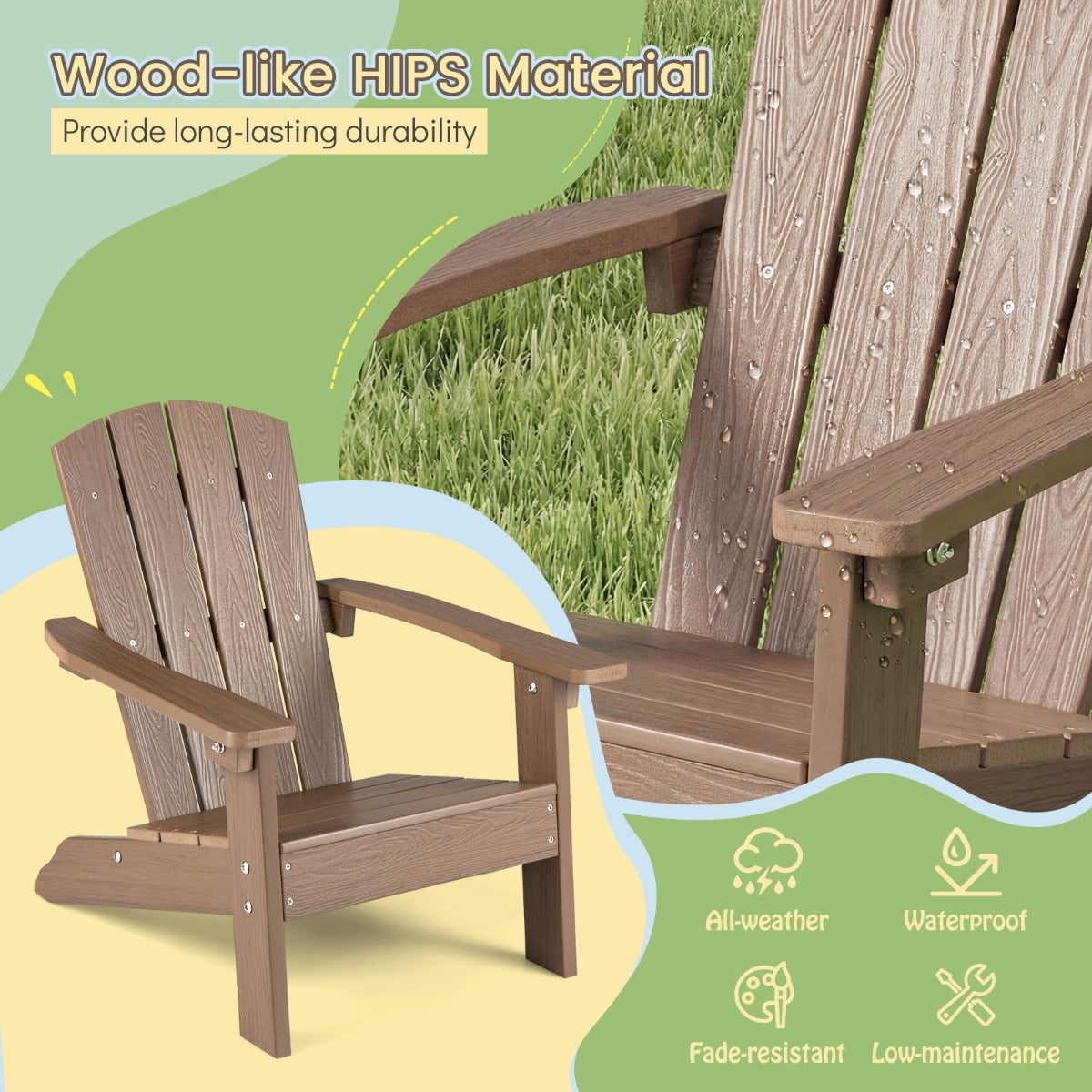 LIVSK Kinder-Adirondack-stoel - HIPS-kunststof - Ergonomische Rugleuning - Voor Binnen en Buiten - 51 x 55,5 x 56 cm - Bruin