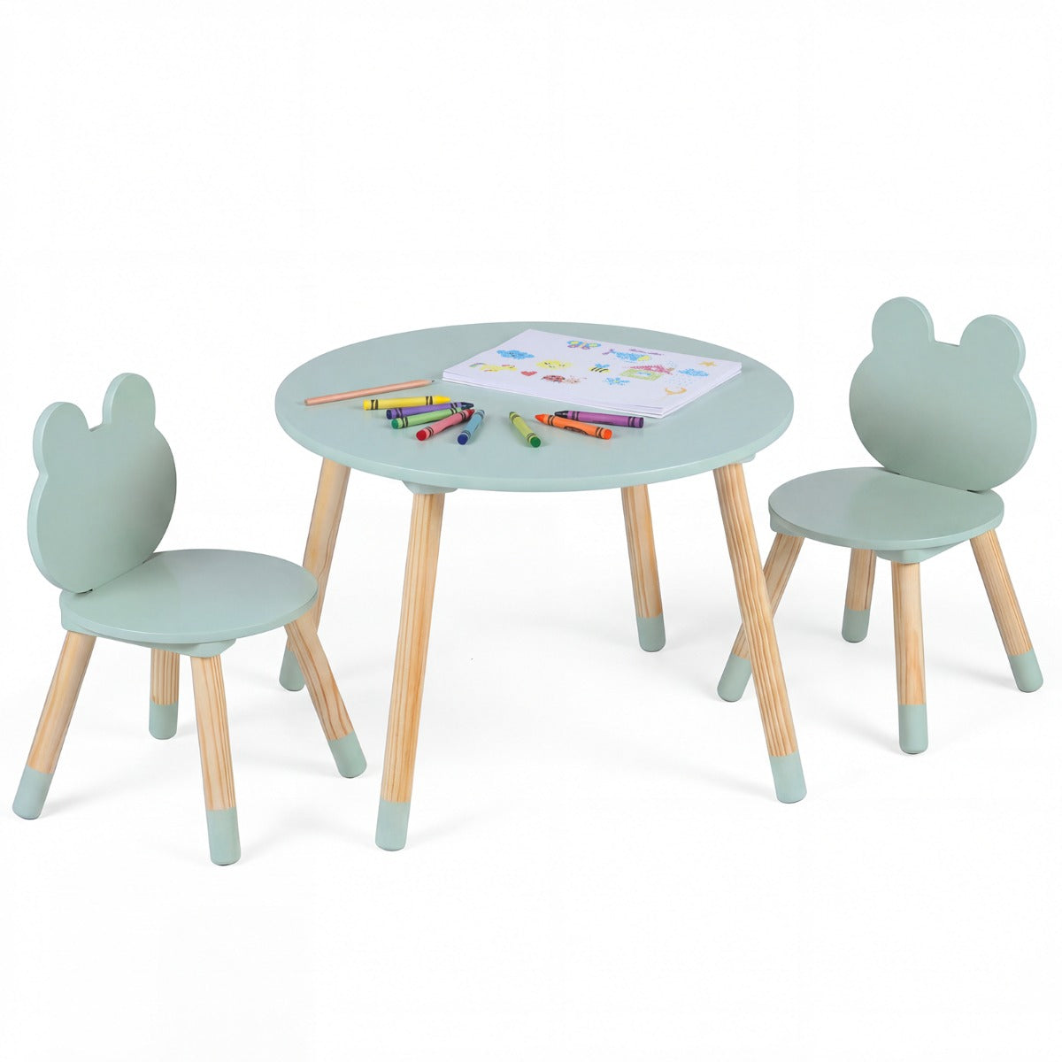 LIVSK Kinder Tafel- en Stoelset - Massief Grenenhout - Veilig met Afgeronde Randen - Kindvriendelijke Afmetingen - Groen/Wit