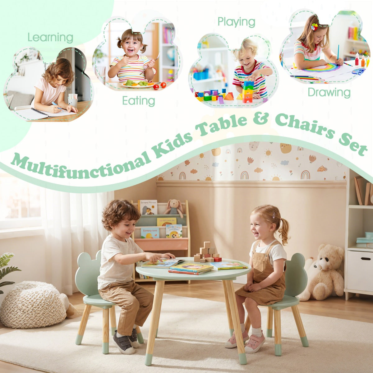 LIVSK Kinder Tafel- en Stoelset - Massief Grenenhout - Veilig met Afgeronde Randen - Kindvriendelijke Afmetingen - Groen/Wit