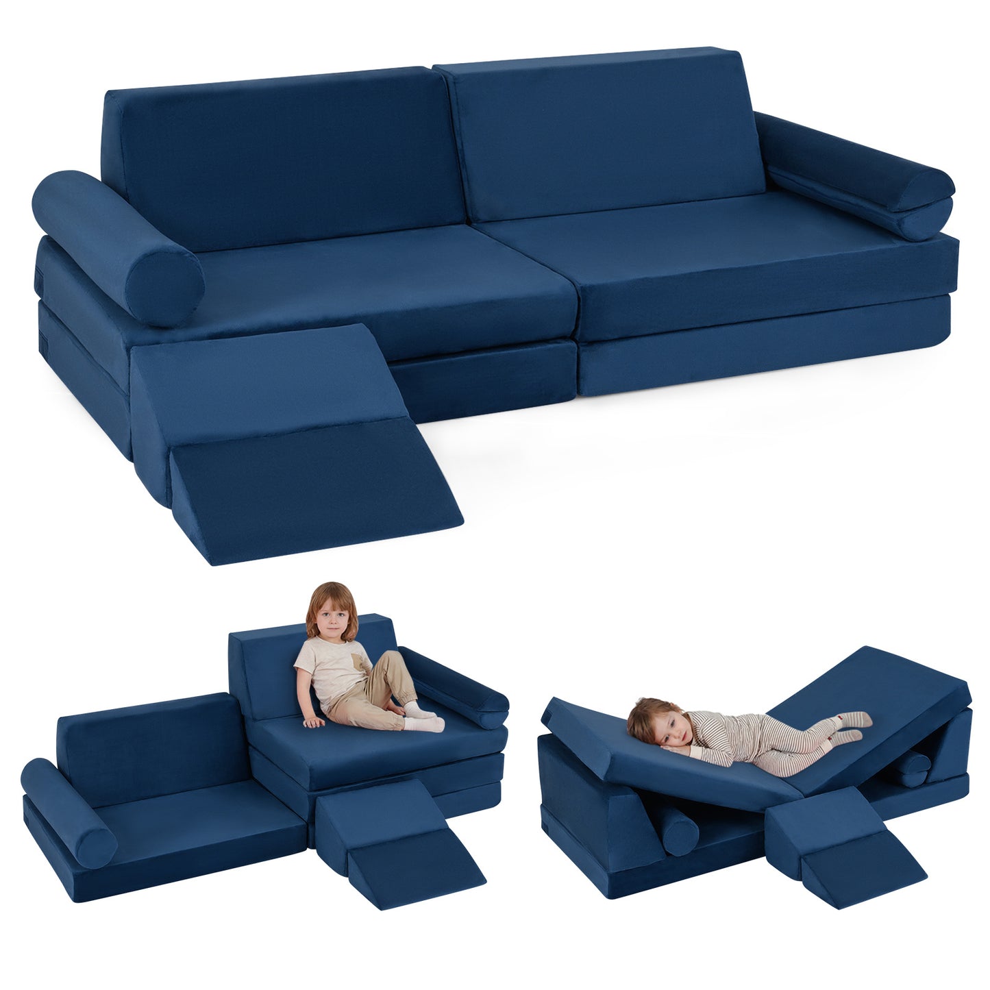 LIVSK Kinderbankset - 10 Delen - Zacht Kristalvelours - Veilig Ontwerp - Compact Opbergbaar - Blauw/Grijs
