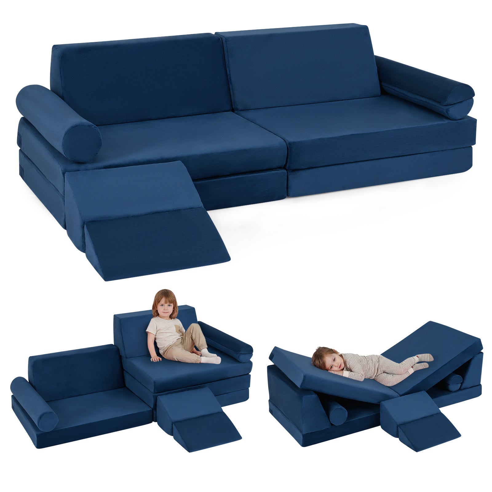 LIVSK Kinderbankset - 10 Delen - Zacht Kristalvelours - Veilig Ontwerp - Compact Opbergbaar - Blauw/Grijs
