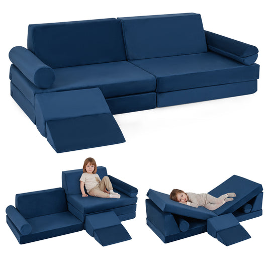 LIVSK Kinderbankset - 10 Delen - Zacht Kristalvelours - Veilig Ontwerp - Compact Opbergbaar - Blauw/Grijs
