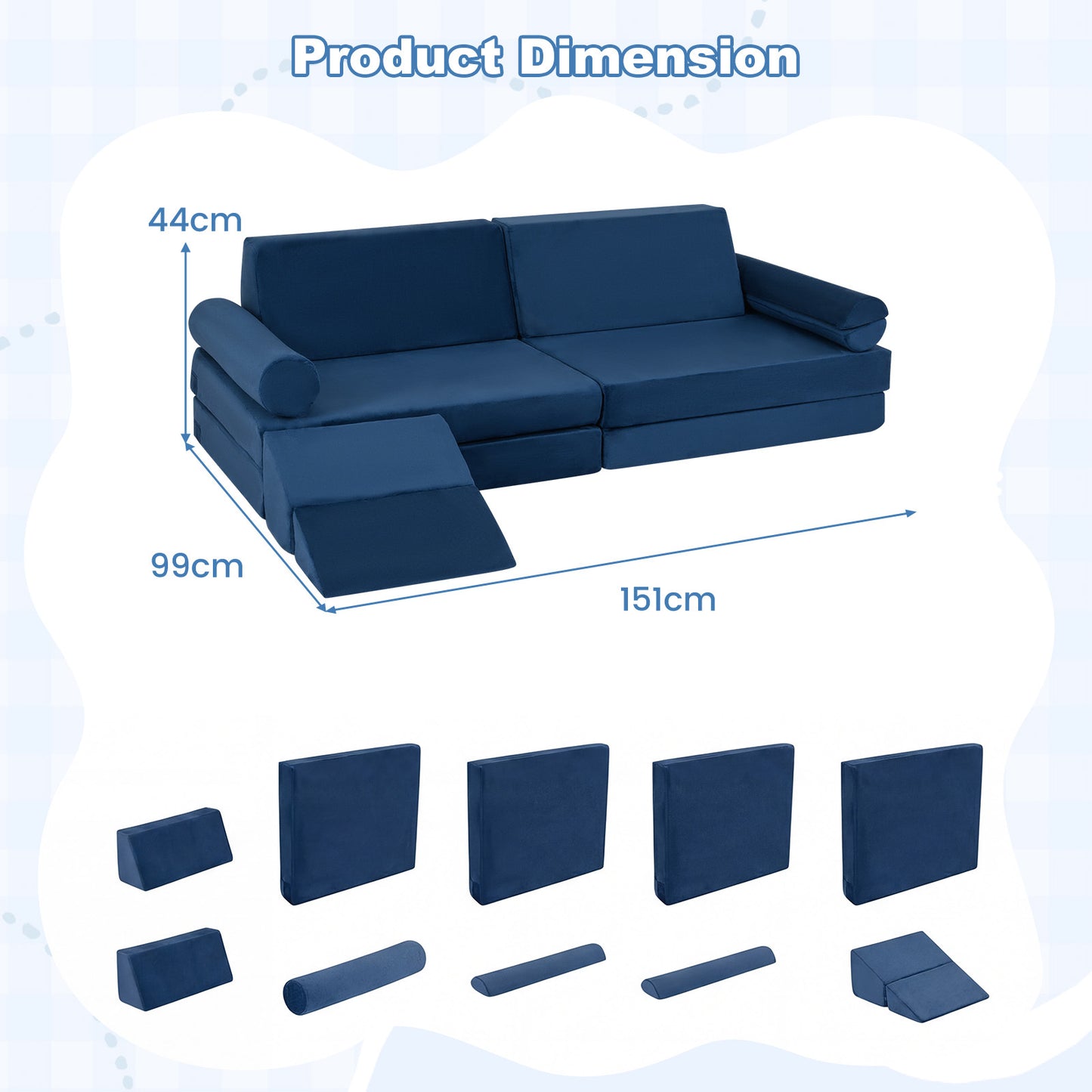LIVSK Kinderbankset - 10 Delen - Zacht Kristalvelours - Veilig Ontwerp - Compact Opbergbaar - Blauw/Grijs