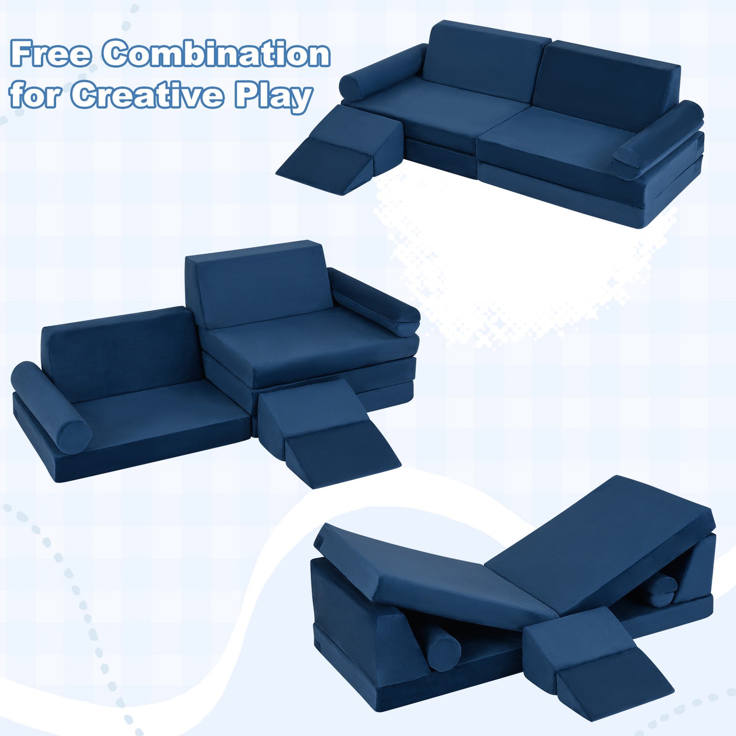 LIVSK Kinderbankset - 10 Delen - Zacht Kristalvelours - Veilig Ontwerp - Compact Opbergbaar - Blauw/Grijs