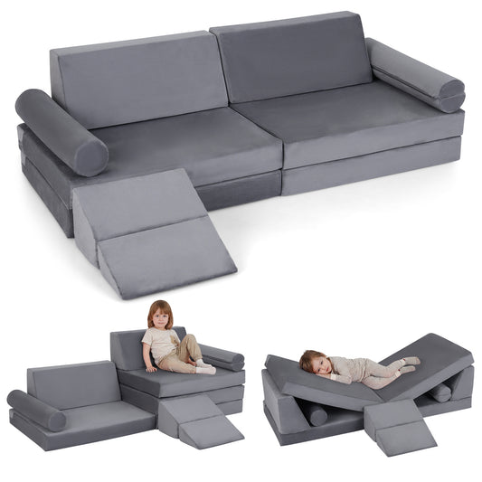 LIVSK Kinderbankset - 10 Delen - Zacht Kristalvelours - Veilig Ontwerp - Machinewasbare Hoezen - Blauw/Grijs