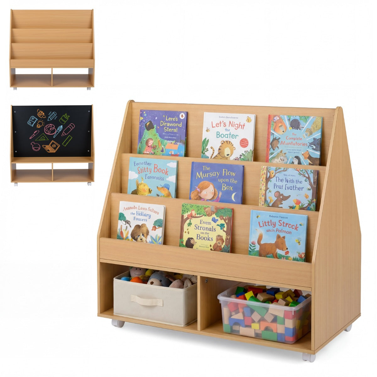 LIVSK Kinderboekenkast - 3 Legplanken - Krijtbord - Verplaatsbaar met Wieltjes - Kindvriendelijke Hoogte - Naturel