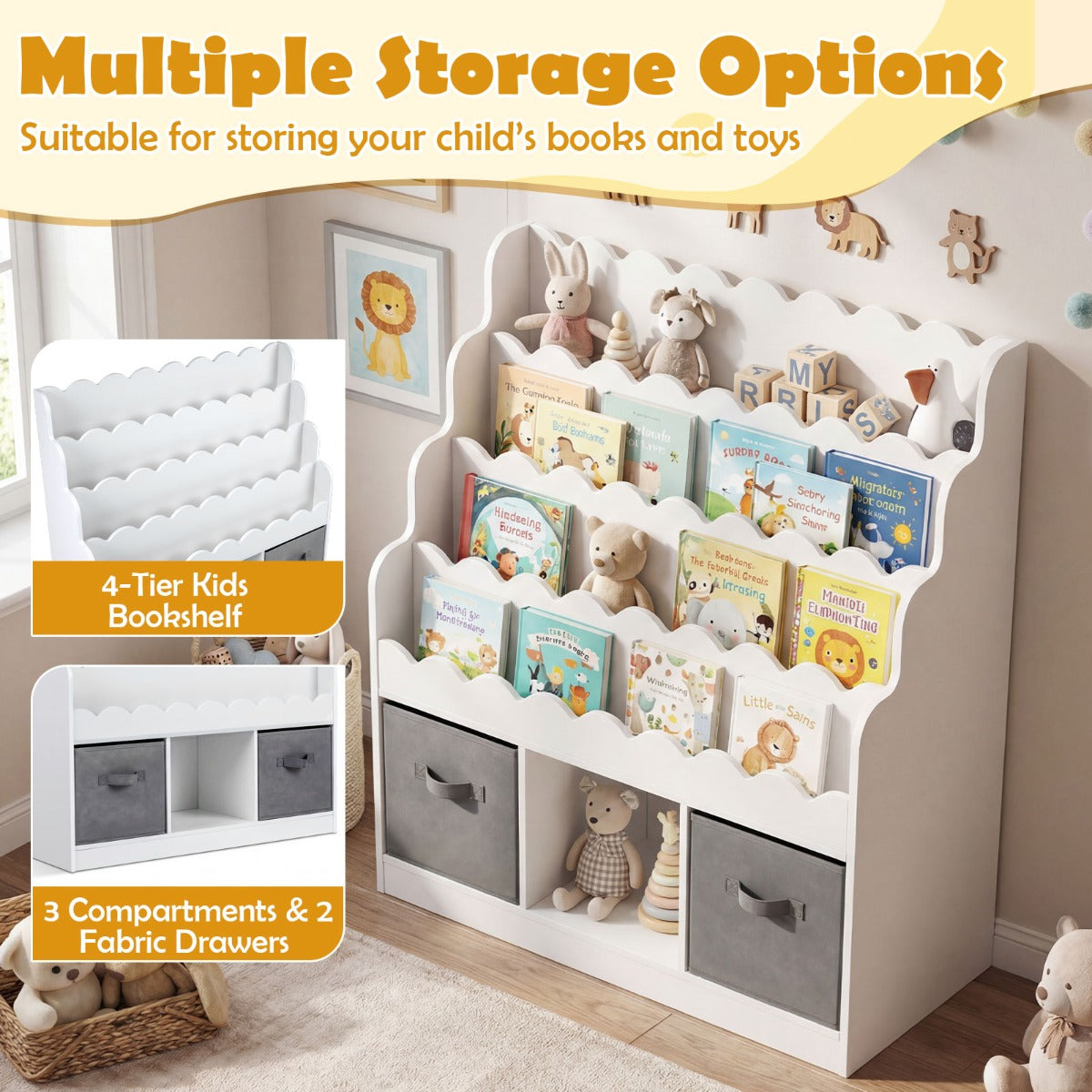 LIVSK Kinderboekenkast - 4 Planken - 3 Open Vakken - 2 Opklapbare Lades - Veilig en Stabiel - Wit