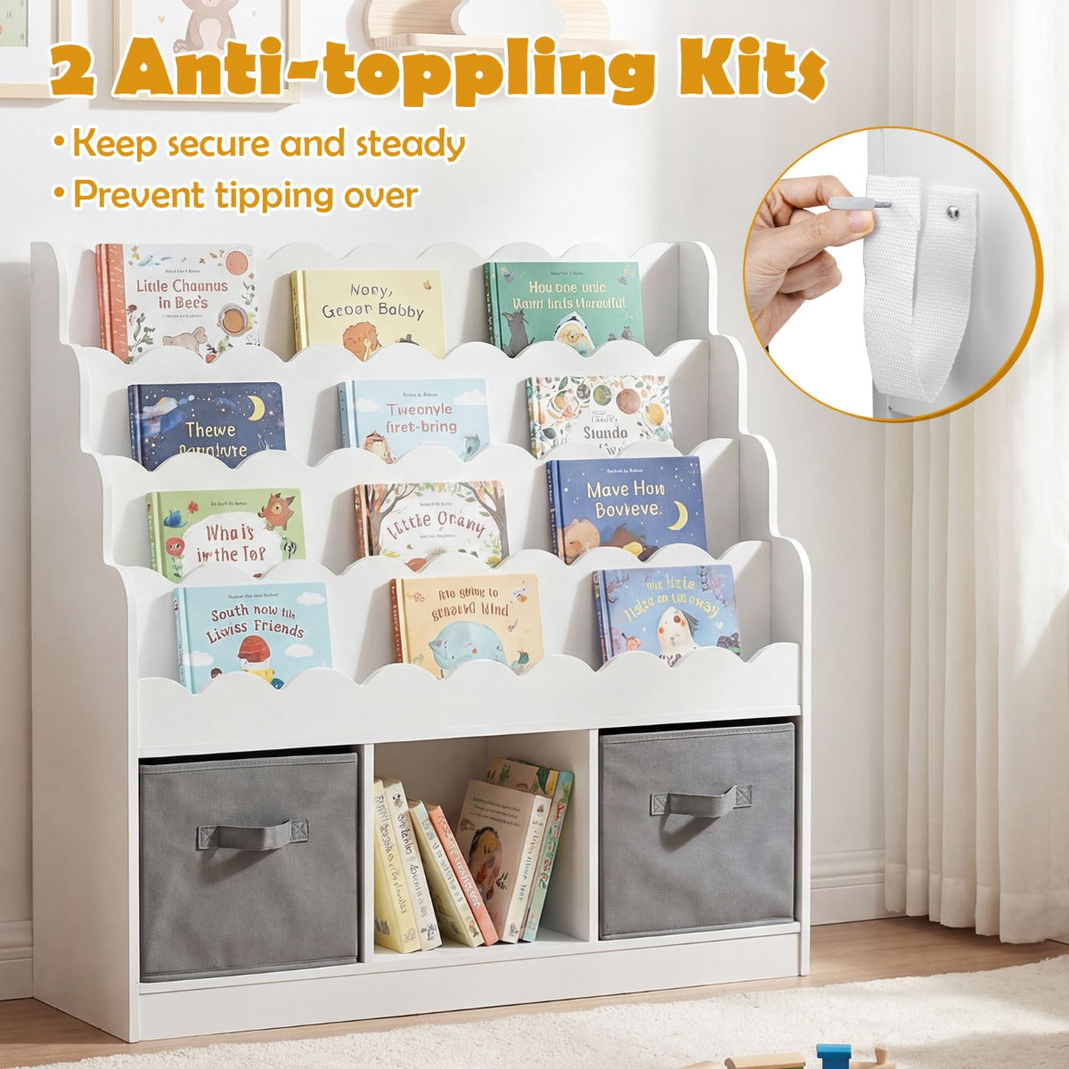 LIVSK Kinderboekenkast - 4 Planken - 3 Open Vakken - 2 Opklapbare Lades - Veilig en Stabiel - Wit