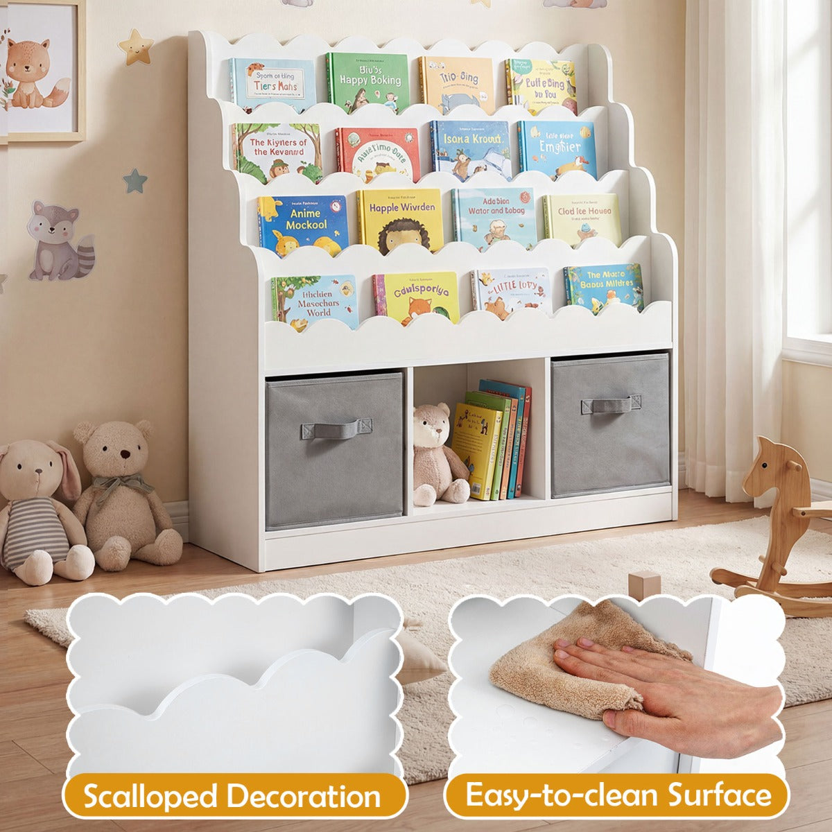 LIVSK Kinderboekenkast - 4 Planken - 3 Open Vakken - 2 Opklapbare Lades - Veilig en Stabiel - Wit