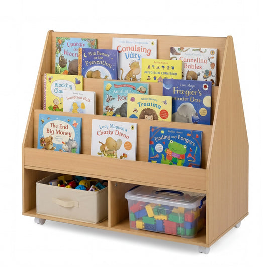 LIVSK Kinderboekenkast - Drie Planken - Krijtbord - Wieltjes voor Flexibiliteit - Kindvriendelijk - Naturel
