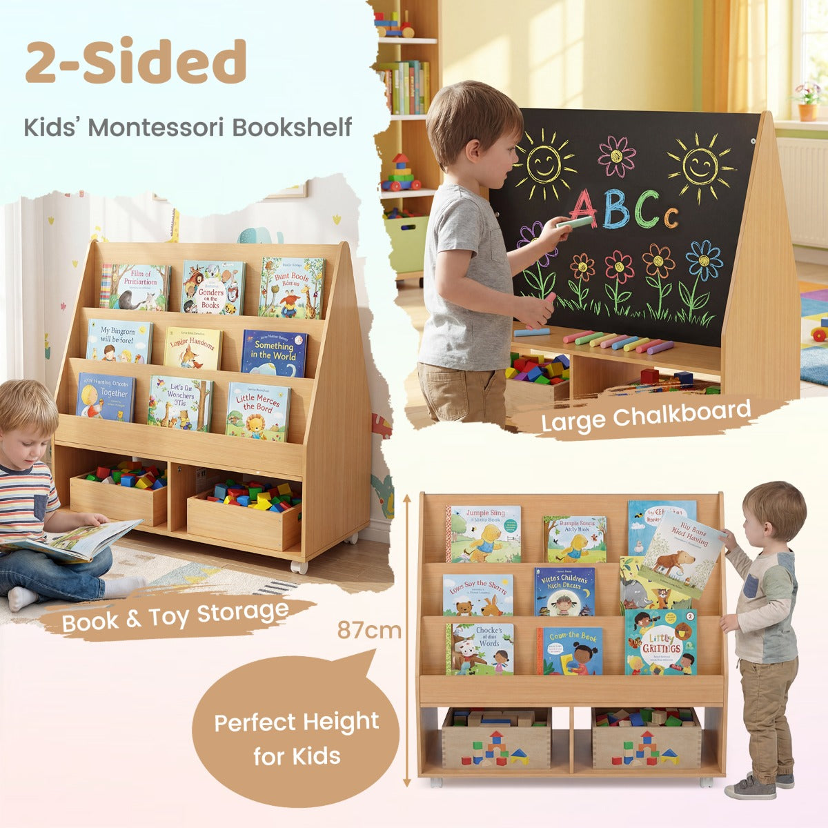 LIVSK Kinderboekenkast - Drie Planken - Krijtbord - Wieltjes voor Flexibiliteit - Kindvriendelijk - Naturel