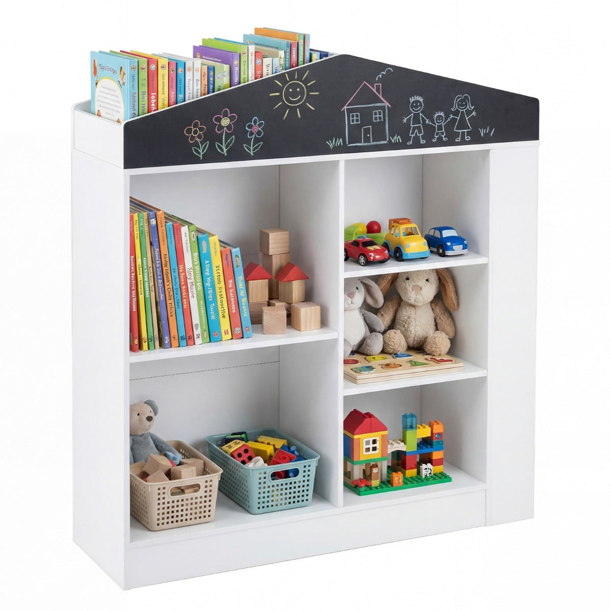 LIVSK Kinderboekenkast - Hutvormig Ontwerp - Krijtbord - Veilige Constructie - Voor Kinderen 3+ - Wit