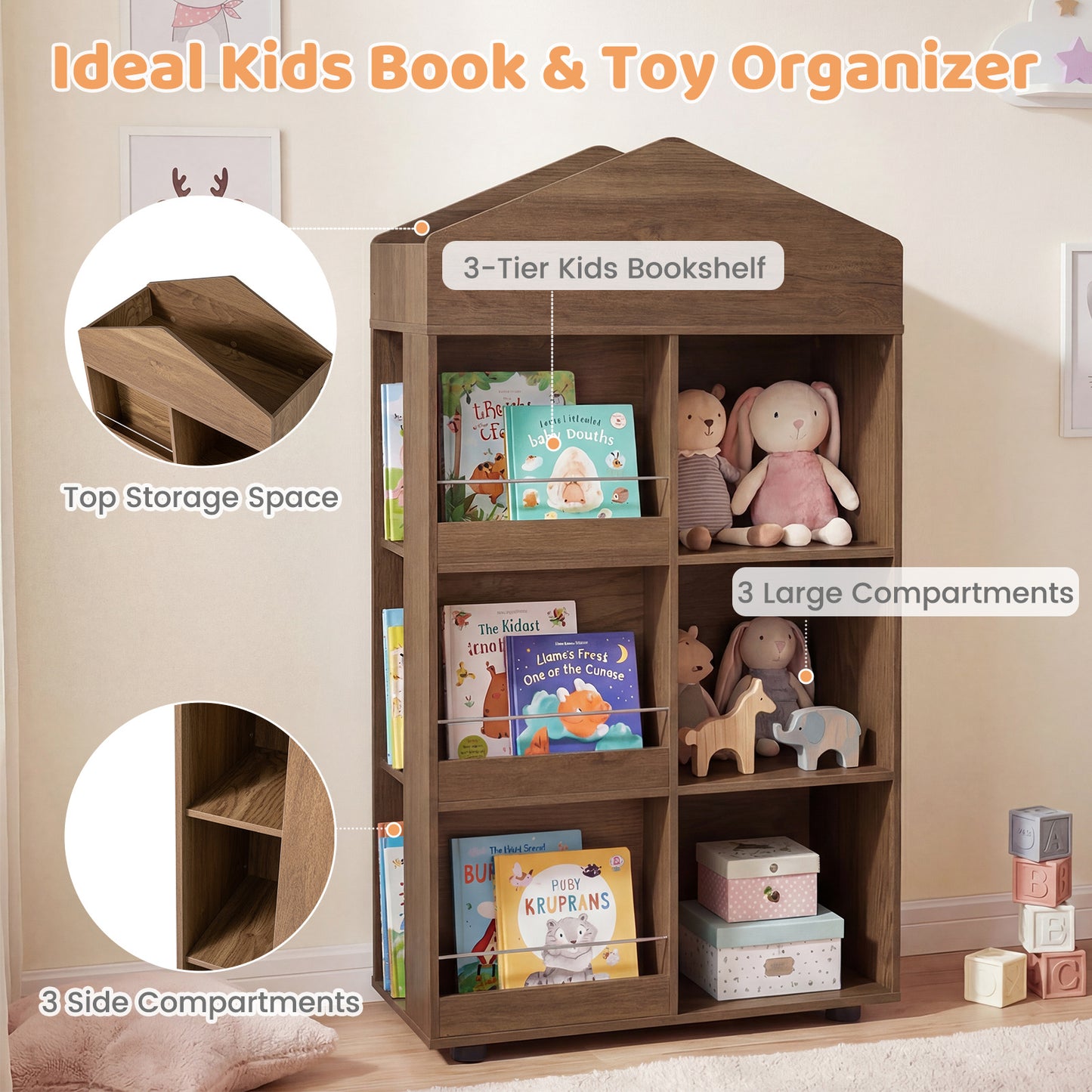 LIVSK Kinderboekenkast - Kindvriendelijk Design - 6 Vakken - Kantelbeveiliging - Eenvoudige Montage - Natuur/Roze