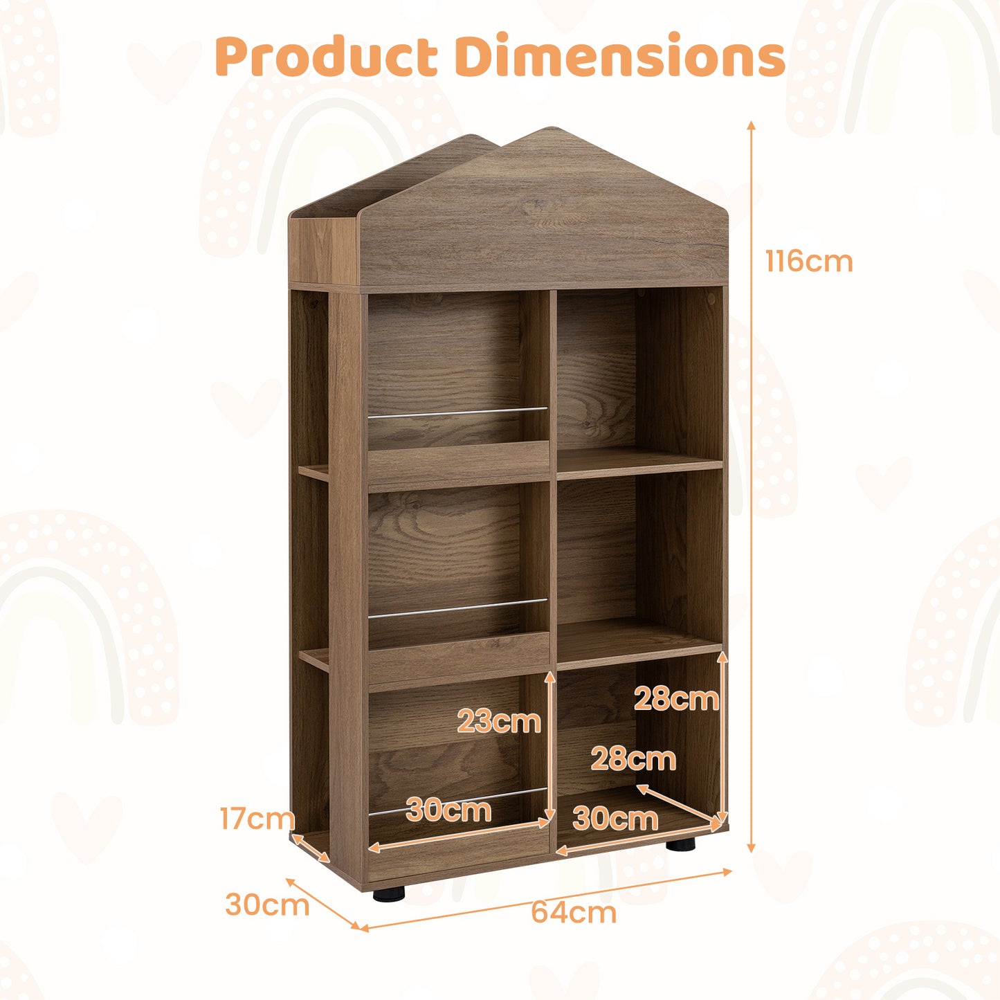 LIVSK Kinderboekenkast - Kindvriendelijke Hoogte 116 cm - Robuust Hout & MDF - 6 Vakken - Natuur/Roze