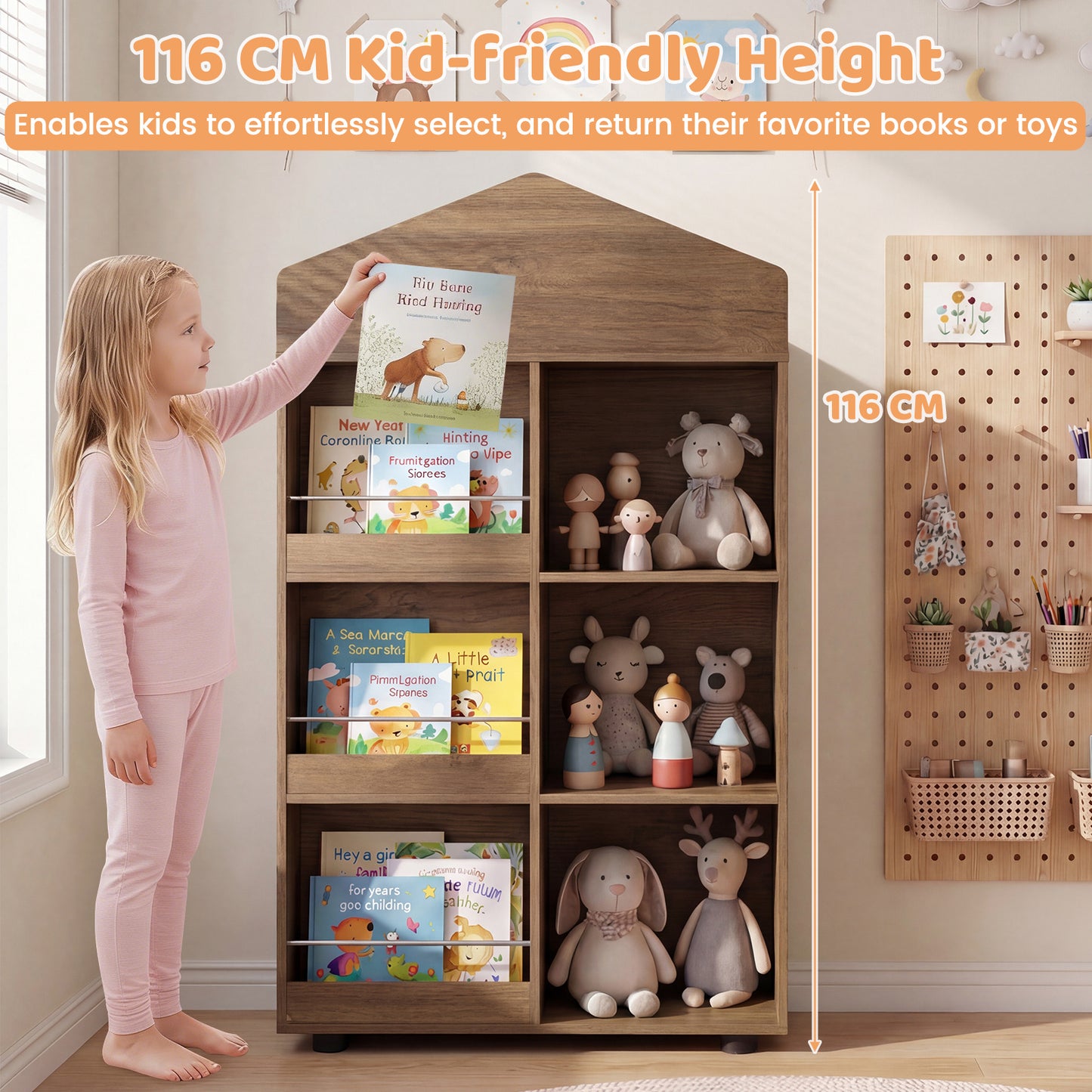 LIVSK Kinderboekenkast - Kindvriendelijke Hoogte 116 cm - Robuust Hout & MDF - 6 Vakken - Natuur/Roze