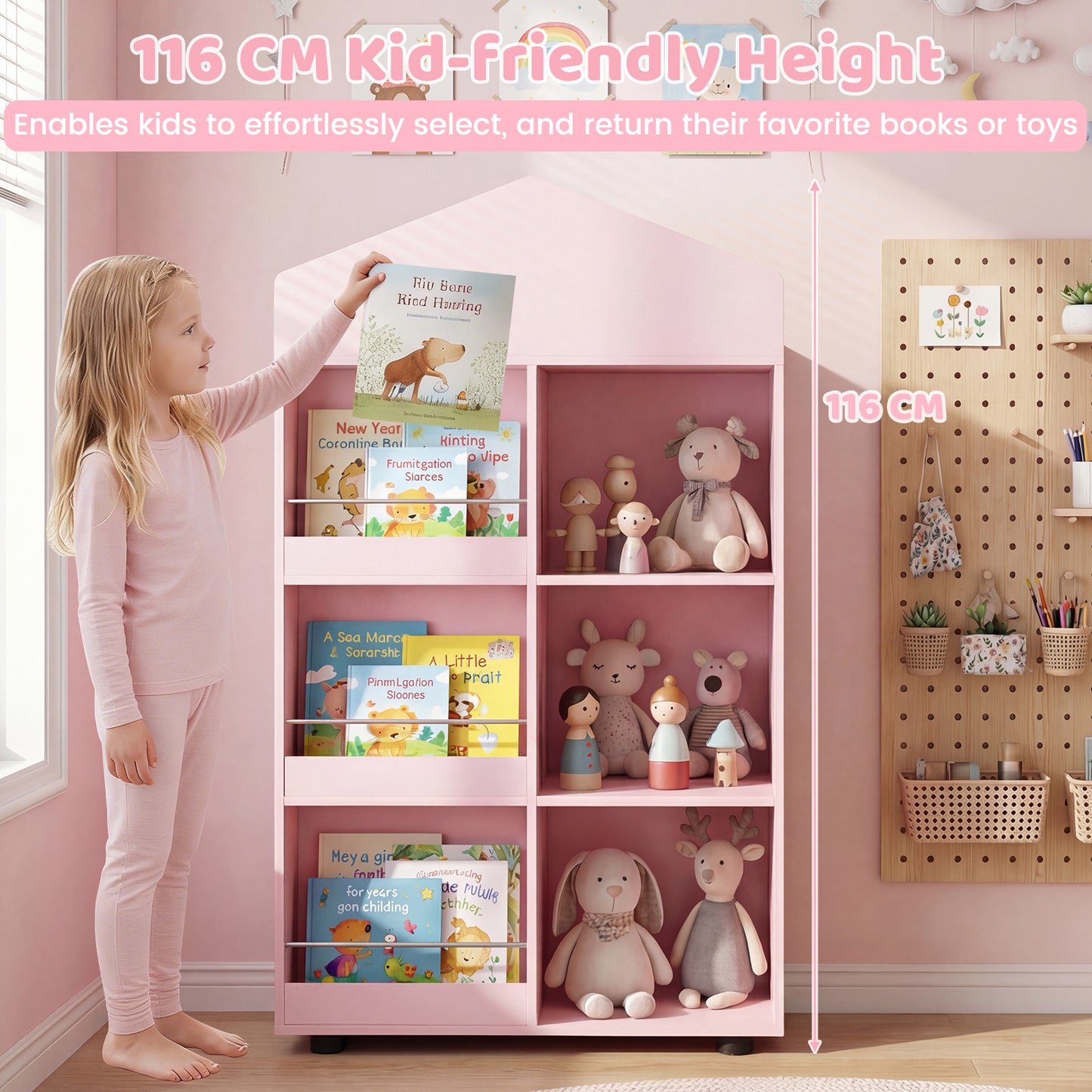 LIVSK Kinderboekenkast - Kindvriendelijke Hoogte 116 cm - Veilig met Kantelbeveiliging - Ruime Opbergruimte - Natuur/Roze